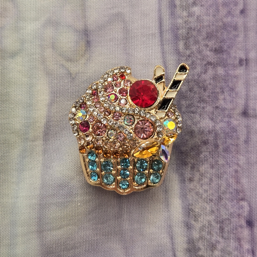 Colorful Rhinestone Cupcake Brooch